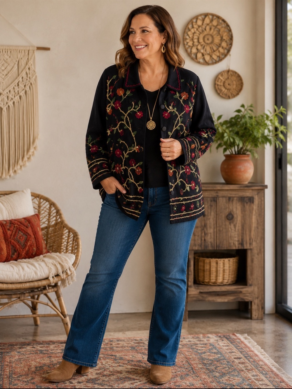 Units - silk blend black jacket with floral crewel embroidery - size XL